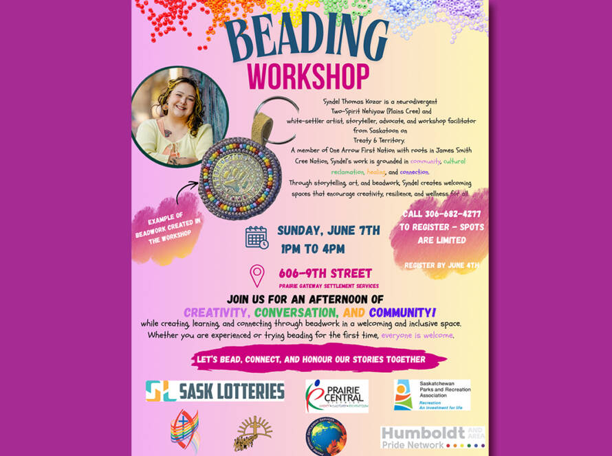 Image is a poster for the Beading Workshop Happening June 7th