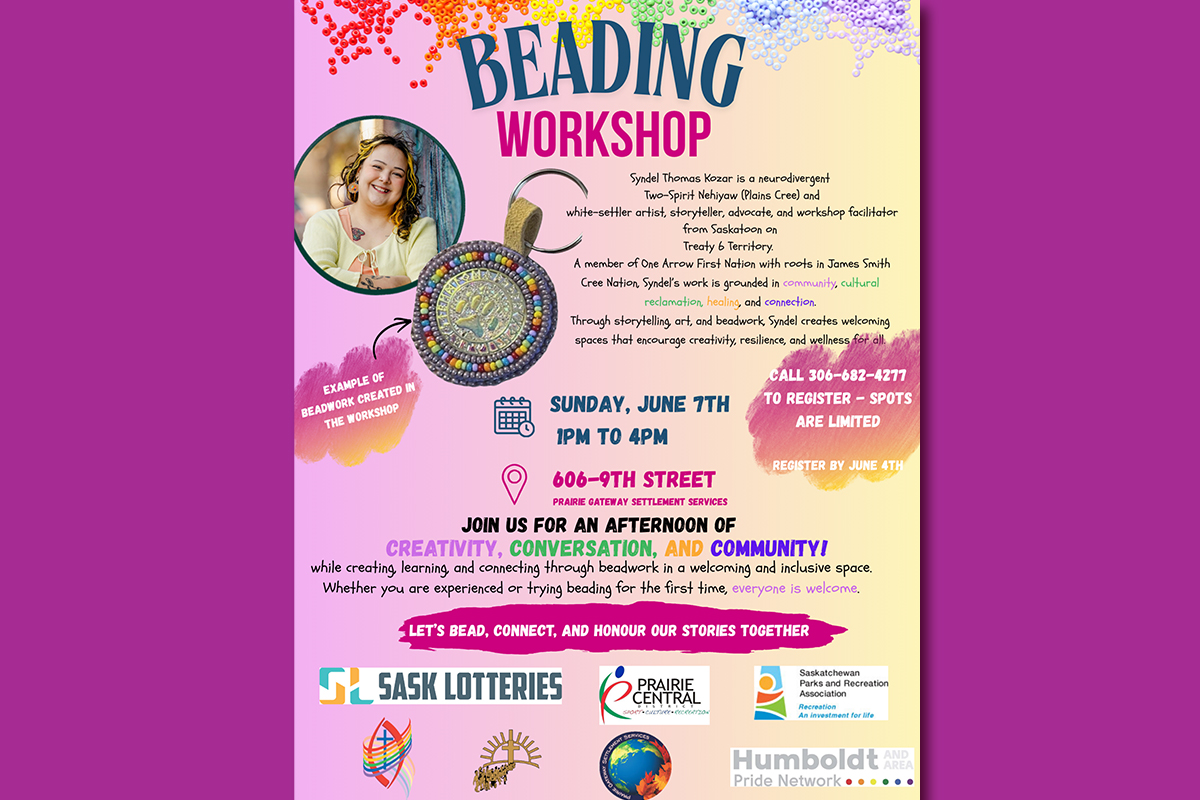 Image is a poster for the Beading Workshop Happening June 7th