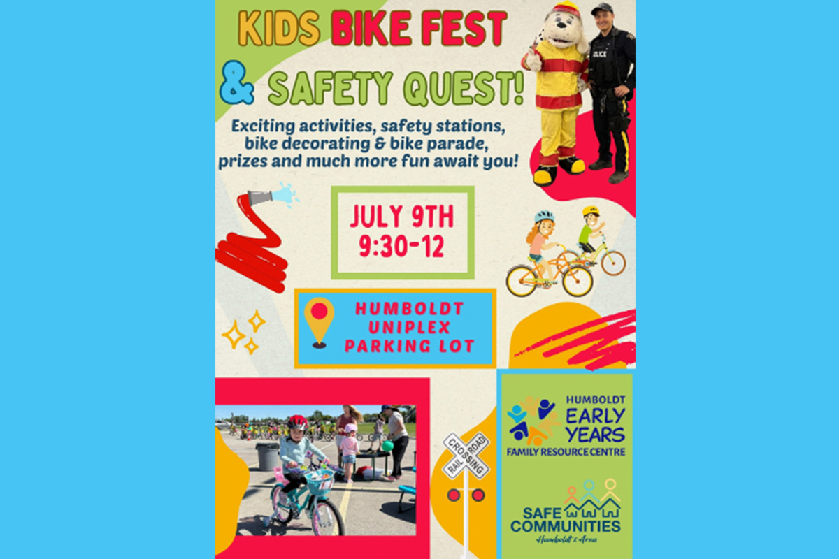 Poster for Kids Bike and Safety festival on July 9 at the Humboldt Uniplex Parking Lot